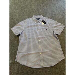 Ralph Lauren Shirt Mens 2XL Blue White Check Short Sleeve Slim Fit Seersucker
